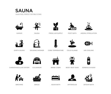 2steam banyo, adrenalin acele, hava soğutma, aroma stimülasyon, arterioles, Asya Banyosu, toprak Sauna, ayak banyosu, taze hava kaynağı, sauna gibi 20 siyah dolu vektör simgeleri ayarlayın. Sauna siyah simgeler