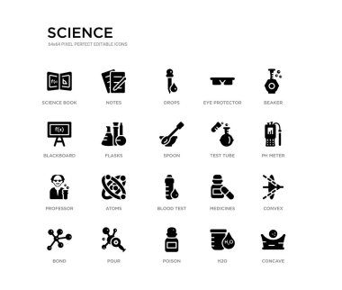 conkav, Konveks, pH metre, Beaker, H2O, zehir, tahta, göz koruyucusu, damla, notlar gibi 20 siyah dolu vektör simgeleri ayarlayın. Bilim siyah simgeler koleksiyonu. düzenlenebilir piksel mükemmel