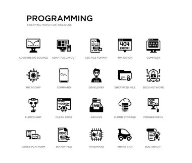 hata raporu, programlama, secu ağ, derleyici, akıllı araba, donanım, Microchip, 404 hata, CSS dosya formatı, adaptif düzeni gibi 20 siyah dolu vektör simgeleri ayarlayın. siyah simgeler programlama