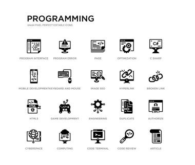 20 siyah dolu vektör simgeleri gibi makale, yetki, kırık bağlantı, c keskin, kod inceleme, kod terminali, mobil geliştirme, optimizasyon, sayfa, program hatası ayarlayın. siyah simgeler programlama