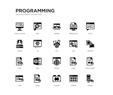 Set 20 siyah dolu vektör simgeleri gibi MySQL, Java Script, addon, http, tema, eklenti, giriş, hata 404, hata, SEO. siyah simgeler koleksiyonu programlama. düzenlenebilir piksel mükemmel