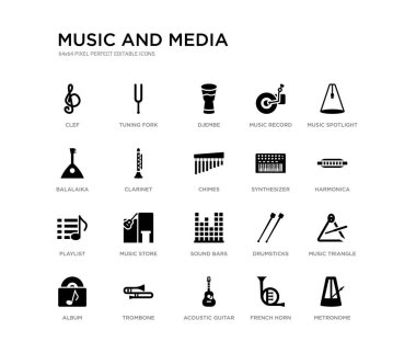 metronom, müzik üçgeni, Harmonica, müzik spot, Fransız boynuz, akustik gitar, Balalaika, müzik kaydı, Djembe, Tuning çatal gibi 20 siyah dolu vektör simgeleri ayarlayın. ve medya siyah simgeler
