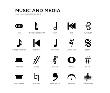 oktav clef, Sharp, Segno, Alto clef, Fermata, nefes işareti, demisemiquaver, atla, minim, hemidemisemiquaver gibi 20 siyah dolgulu vektör simgeleri ayarlayın. müzik ve medya siyah simgeler koleksiyonu.