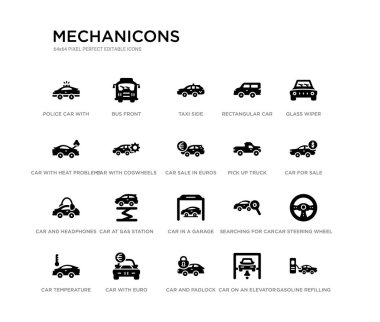 set of 20 black filled vector icons such as gasoline refilling station, car steering wheel, car for sale, glass wiper, car on an elevator, and padlock, with heat problems, rectangular taxi side, bus