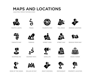 Özellik konumu, radyo kulesi gibi 20 siyah dolu vektör simgeleri seti, harita kaldırmak, konum, Restoran, sağ Chevron, tematik harita, paralı yol, turistik harita, parça kaldırmak. Haritalar ve