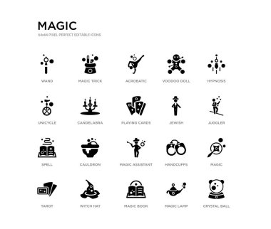 set of 20 black filled vector icons such as crystal ball, magic, juggler, hypnosis, magic lamp, magic book, unicycle, voodoo doll, acrobatic, trick. black icons collection. editable pixel perfect clipart