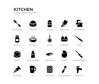 mutfak musluk, bıçak kalemtıraş, bıçak, et değirmeni, et tenderizer, Muffin Pan, Baharat kavanoz, biftek bıçağı, buharlı, güveç pot gibi 20 siyah dolu vektör simgeleri ayarlayın. Mutfak siyah simgeler