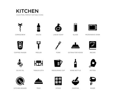 Mikser, mitten, tarifi, mikrodalga fırın, harç, Ocak, kahve makinesi, cam, sıvı sabun, sos gibi 20 siyah dolu vektör simgeleri ayarlayın. Mutfak siyah simgeler koleksiyonu. düzenlenebilir piksel mükemmel