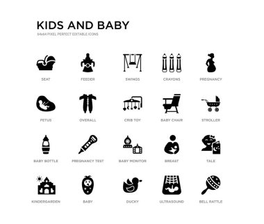Çan çıngırağı, masal, Bebek arabası, gebelik, ultrason, ördek, fetus, boya kalemi, salıncaklar, besleyici gibi 20 siyah dolu vektör simgeleri ayarlayın. çocuklar ve bebek siyah simgeler koleksiyonu. düzenlenebilir piksel mükemmel