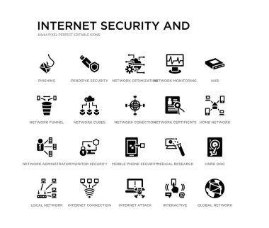 küresel ağ, sabit disk, ev ağı, hub, interaktif, internet saldırısı, ağ hunisi, izleme, optimizasyon, pendrive güvenlik gibi 20 siyah dolu vektör simgeleri ayarlayın. İnternet güvenliği