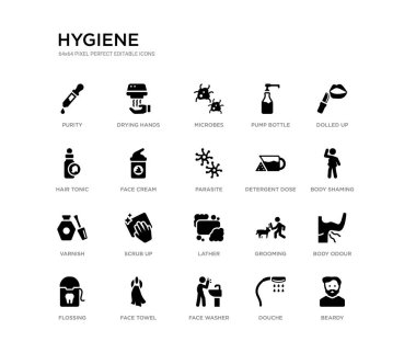 bir set 20 siyah dolu vektör simgeleri gibi Beardy, vücut kokusu, vücut shaming, dolled yukarı, duş, yüz yıkama, Saç tonik, pompa şişesi, mikroplar, kurutmak eller. Hijyen siyah simgeler koleksiyonu.