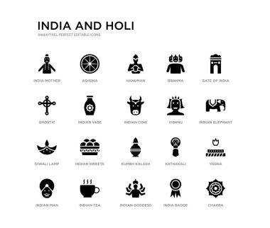 çakra, yagna, Hint fil, Hindistan Kapısı, Hindistan rozeti, Hint tanrıçası, Gnostik, Brahma, Hanuman, Ashoka gibi 20 siyah dolu vektör simgeleri ayarlayın. Hindistan ve Holi siyah simgeler koleksiyonu.