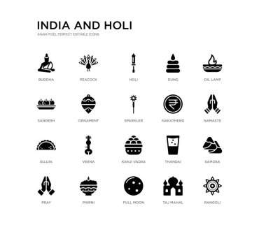 Rangoli, samosa, Namaste, yağ lambası, Tac Mahal, dolunay,, gübre, Holi, tavuskuşu gibi 20 siyah dolu vektör simgeleri ayarlayın. Hindistan ve Holi siyah simgeler koleksiyonu. düzenlenebilir piksel mükemmel