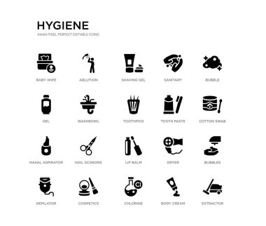 Extractor, kabarcıklar, pamuk Swab, kabarcık, vücut kremi, klor, jel, sıhhi, tıraş jeli, abdest gibi 20 siyah dolu vektör simgeleri ayarlayın. Hijyen siyah simgeler koleksiyonu. düzenlenebilir piksel