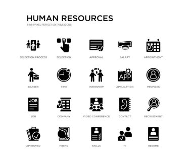 20 siyah dolu vektör simgeleri gibi Resume, işe alım, profiller, randevu, Merhaba, becerileri, kariyer, maaş, onay, seçim olarak ayarlayın. insan kaynakları siyah simgeler koleksiyonu. düzenlenebilir piksel