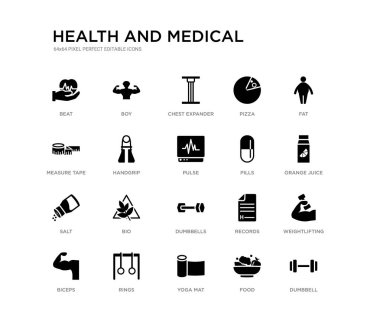 Dumbbell, halter, portakal suyu, yağ, gıda, yoga mat, ölçü bandı, Pizza, göğüs Expander, çocuk gibi 20 siyah dolu vektör simgeleri ayarlayın. Sağlık ve tıbbi siyah simgeler koleksiyonu. Düzenlen -ebilir
