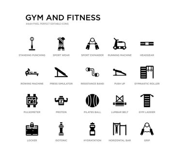 kavrama, spor salonu merdiven, jimnastik rulo, headgear, yatay çubuk, Hydratation, kürek makinesi, koşu makinesi, spor Expander, spor aşınma gibi 20 siyah dolu vektör simgeleri ayarlayın. spor salonu ve Fitness