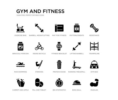 20 siyah dolu vektör simgeleri gibi kaslar, spor çantası, trambolin, direnç, bosu topu, büyük kronometre, brokoli porcion, phytonutrients, Fitness için mat, halter halter ayarlayın. spor salonu ve