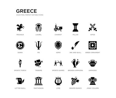 set of 20 black filled vector icons such as jonic column, amphora, greek ornament, xifos, grapes bunch, lyre, sigma, pillar, chariot, laurel. greece black icons collection. editable pixel perfect clipart