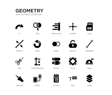 Set 20 siyah dolu vektör simgeleri gibi katman, baz, uzatmak, kaydetmek, metin, eklemek, Stretch, genişletmek, sağ hizalamak, katılmak. geometri siyah simgeler koleksiyonu. düzenlenebilir piksel mükemmel