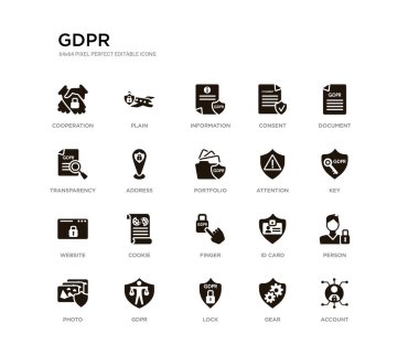 hesap, kişi, anahtar, belge, dişli, kilit, şeffaflık, rıza, bilgi, düz gibi 20 siyah dolu vektör simgeleri kümesi. gdpr siyah simgeler koleksiyonu. düzenlenebilir piksel mükemmel