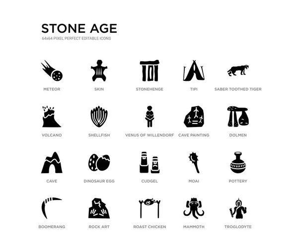 Conjunto de 20 iconos vectoriales llenos de negro como troglodita, cerámica, dolmen, tigre dientes de sable, mamut, pollo asado, volcán, tipi, stonehenge, piel. Edad de piedra colección de iconos negros. editable — Vector de stock