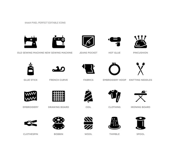 Set of 20 black filled vector icons such as spool, ironing board, knitting neddles, pincushion, thimble, wool, glue stick, hot glue, jeans pocket, new sewing machine. sew black icons collection. — Stock Vector