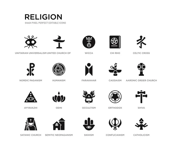 Ensemble de 20 icônes vectorielles remplies de noir tels que le catholicisme, shiva, église de l'ordre aaronique, croix celtique, confucianisme, sikhisme, paganisme nordique, chi rho, wicca, église unie du Christ. religion noir — Image vectorielle