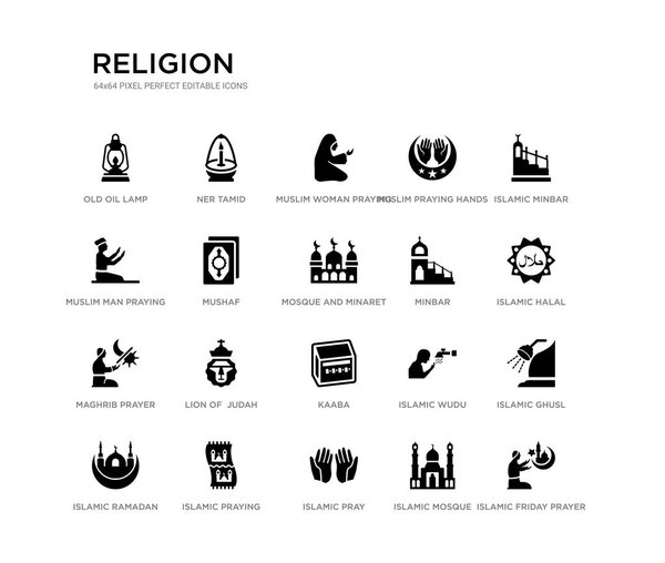 set of 20 black filled vector icons such as islamic friday prayer, islamic ghusl, islamic halal, minbar, mosque, pray, muslim man praying, muslim praying hands, muslim woman praying, ner tamid.