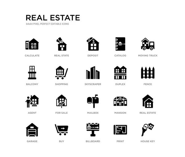 Set of 20 black filled vector icons such as house key, real estate, fence, moving truck, print, billboard, balcony, catalog, deposit, real state. real estate black icons collection. editable pixel — Stock Vector