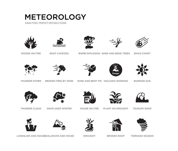 Set of 20 black filled vector icons such as tornado season, tsunami wave, burning sun, space comet, broken roof, drought, thunder storm, wind and bend trees, bomb explosion, boat capsizes. — Stock Vector