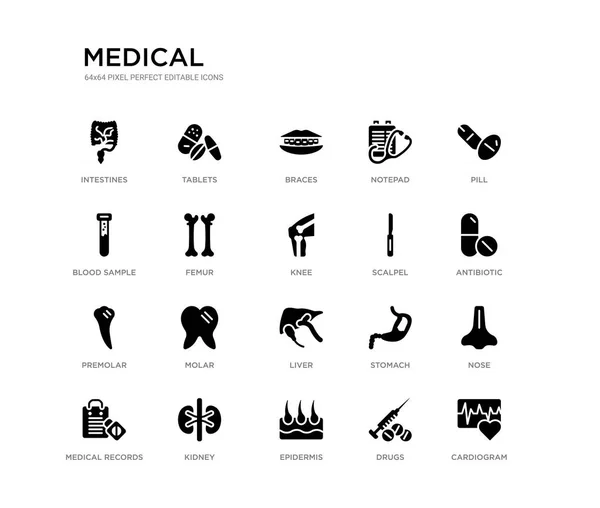 Set von 20 schwarz gefüllten Vektorsymbolen wie Kardiogramm, Nase, Antibiotikum, Pille, Medikamente, Epidermis, Blutprobe, Notizblock, Zahnspange, Tabletten. Sammlung schwarzer medizinischer Symbole. editierbare Pixel perfekt — Stockvektor