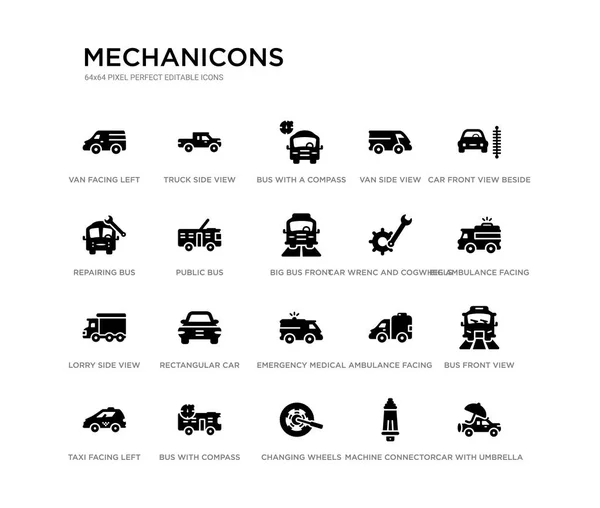 Set of 20 black filled vector icons such as car with umbrella, bus front view, big ambulance facing left, car front view beside a traffic meter, machine connector plug, changing wheels tool, — 图库矢量图片