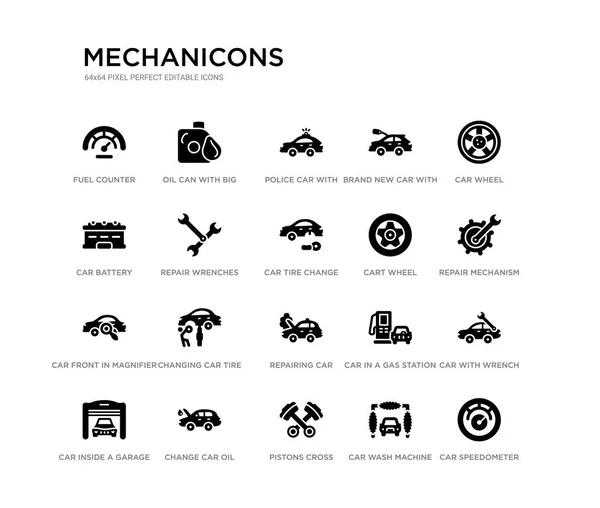 Set of 20 black filled vector icons such as car speedometer, car with wrench, repair mechanism, car wheel, wash machine, pistons cross, battery, brand new with dollar price tag, police with light, — 图库矢量图片