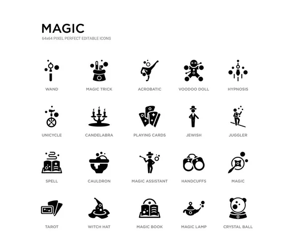 Set of 20 black filled vector icons such as crystal ball, magic, juggler, hypnosis, magic lamp, magic book, unicycle, voodoo doll, acrobatic, trick. black icons collection. editable pixel perfect — Stock Vector