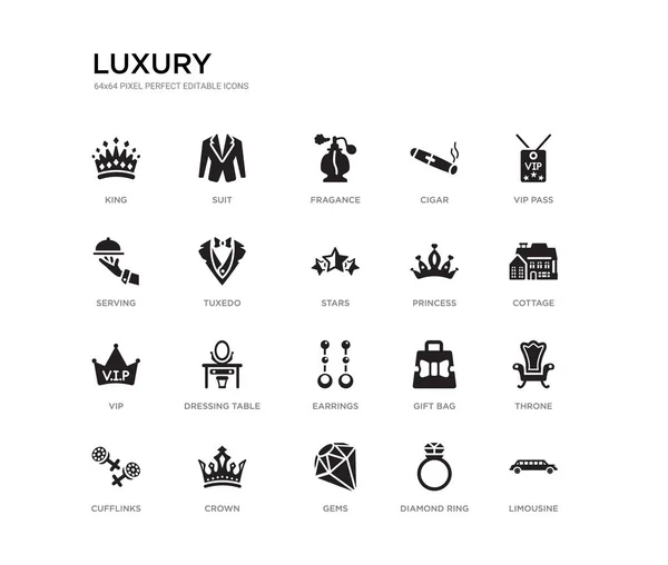 Set van 20 zwarte gevuld vector iconen zoals Limousine, troon, huisje, VIP-pass, diamanten ring, edelstenen, serveren, sigaar, fraging, pak. luxe zwarte iconen collectie. bewerkbare Pixelperfect — Stockvector