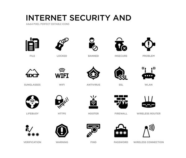 set of 20 black filled vector icons such as wireless connection, wireless router, wlan, problem, password, find, sunglasses, insecure, banned, locked. internet security and black icons collection.