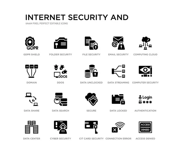 Satz von 20 schwarz gefüllten Vektorsymbolen wie Zugriff verweigert, Authentifizierung, Computersicherheit, Rechenwolke, Verbindungsfehler, Ziffernkartensicherheit, Domäne, E-Mail-Sicherheit, Dateiordner Internet und — Stockvektor