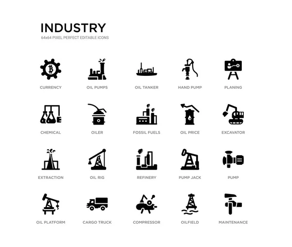 Jeu de 20 icônes vectorielles remplies de noir telles que la maintenance, pompe, pelle, rabotage, champ pétrolifère, compresseur, produit chimique, pompe à main, pétrolier, pompes à huile. industrie collection d'icônes noires. pixel modifiable — Image vectorielle