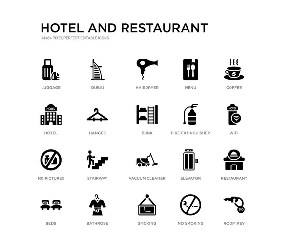 Набор из 20 черных заполненных векторных значков, таких как ключ от номера, ресторан, WiFi, кофе, не курить, курить, отель, меню, фен, дубай. Гостинично-ресторанная черная коллекция. редактируемый пиксель — стоковый вектор