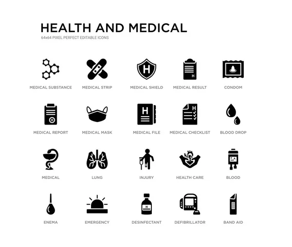Set of 20 black filled vector icons such as band aid, blood, blood drop, condom, defibrillator, desinfectant, medical report, medical result, medical shield, strip. health and black icons — 图库矢量图片