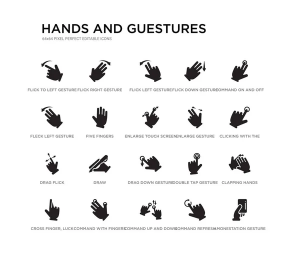 Set of 20 black filled vector icons such as amonestation gesture, clapping hands, clicking with the left hand, command on and off gesture, command refresh gesture, command up and down fleck left — Stock Vector