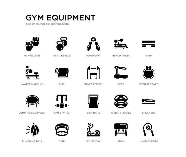 Jeu de 20 icônes vectorielles remplies de noir telles que corde à sauter, baskets, balance de poids, marche, buck, elliptique, machine à eau, banc de presse, poignée, kettlebells. équipement de gymnastique collection d'icônes noires . — Image vectorielle