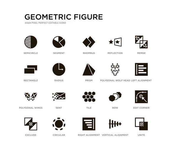 Conjunto de 20 ícones vetoriais pretos preenchidos como unir, editar canto, alinhamento esquerdo, mesclar, alinhamento vertical, alinhamento direito, retângulo, reflexão, losango, segmento. figura geométrica ícones pretos — Vetor de Stock