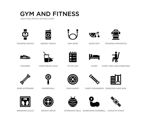 Set of 20 black filled vector icons such as athletic strap, exercise hang bar, chest and legs exercises, training apparatus, exercising dumbbell, gymnastic ball, trainers, good diet, skip rope, — Stock Illustration Set of 20 black filled vector icons such as athletic strap, exercise hang bar, chest and legs exercises, training apparatus, exercising dumbbell, gymnastic ball, trainers, good diet, skip rope, Stock Vector