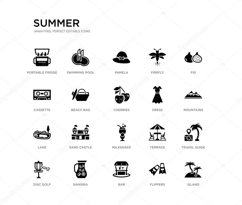 set of 20 black filled vector icons such as island, travel guide, mountains, fig, flippers, bar, cassette, firefly, pamela, swimming pool. summer black icons collection. editable pixel perfect