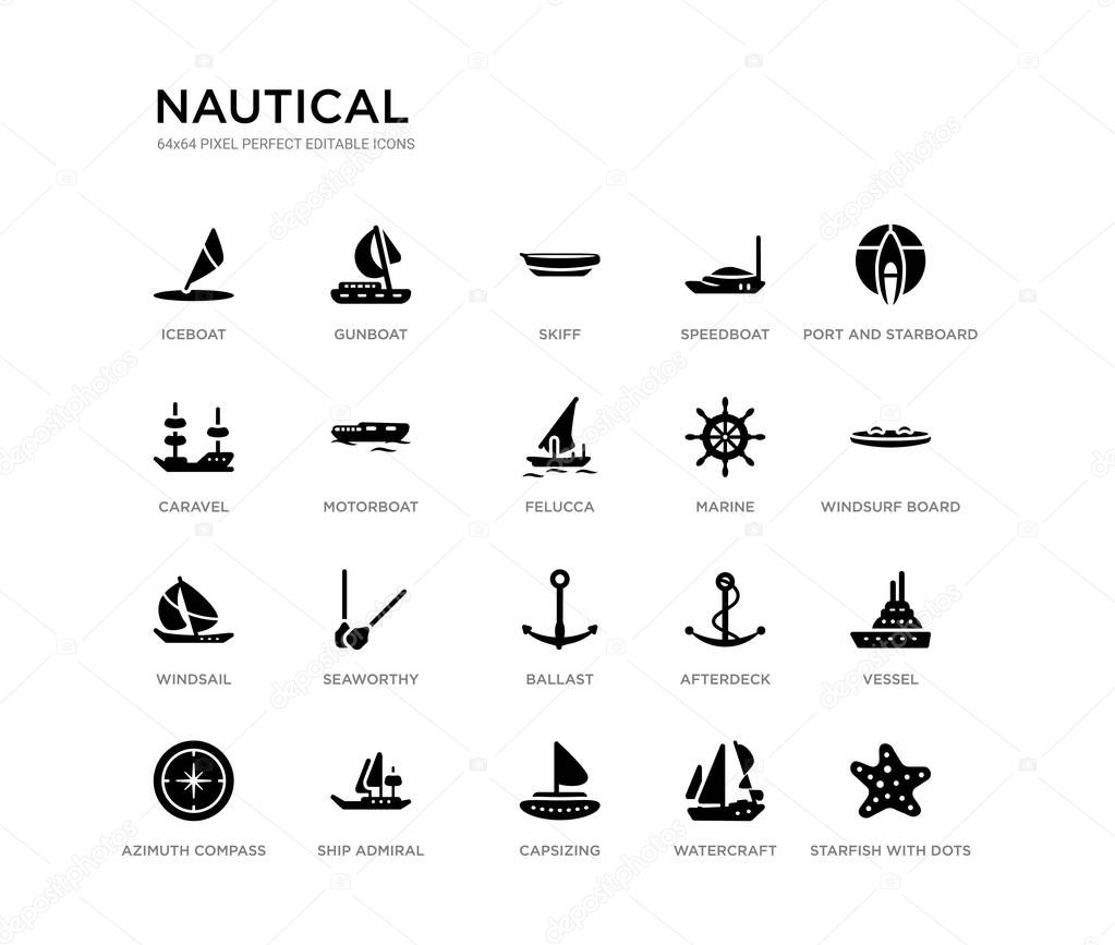set of 20 black filled vector icons such as starfish with dots, vessel, windsurf board, port and starboard, watercraft, capsizing, caravel, speedboat, skiff, gunboat. nautical black icons