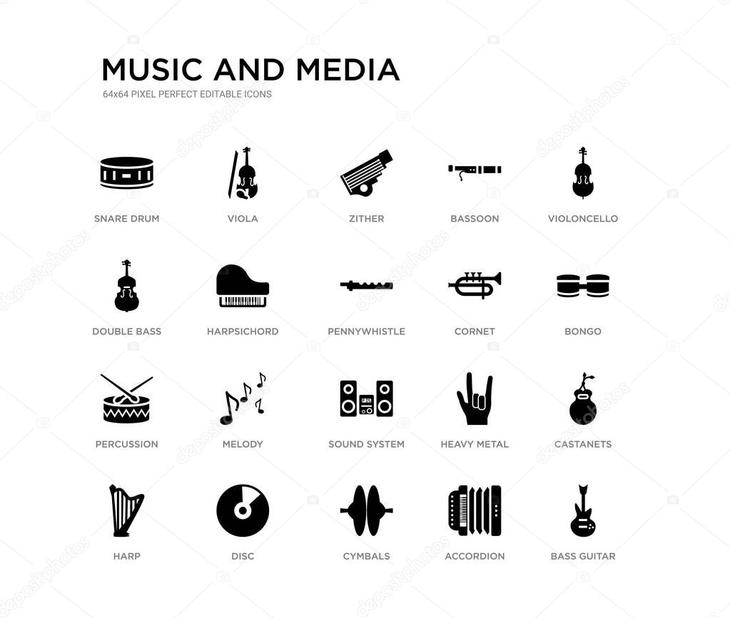 set of 20 black filled vector icons such as bass guitar, castanets, bongo, violoncello, accordion, cymbals, double bass, bassoon, zither, viola. music and media black icons collection. editable