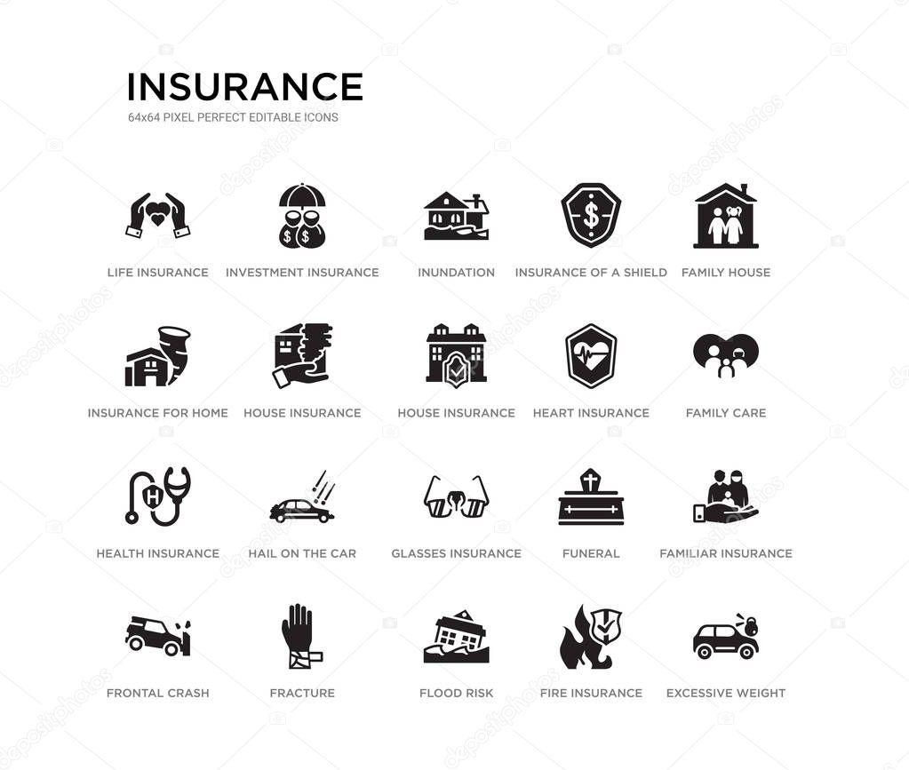 set of 20 black filled vector icons such as excessive weight for the vehicle, familiar insurance, family care, family house, fire insurance, flood risk, insurance for home of tornado, of a shield