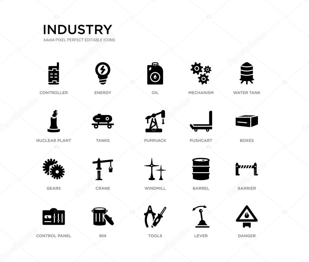 set of 20 black filled vector icons such as danger, barrier, boxes, water tank, lever, tools, nuclear plant, mechanism, oil, energy. industry black icons collection. editable pixel perfect